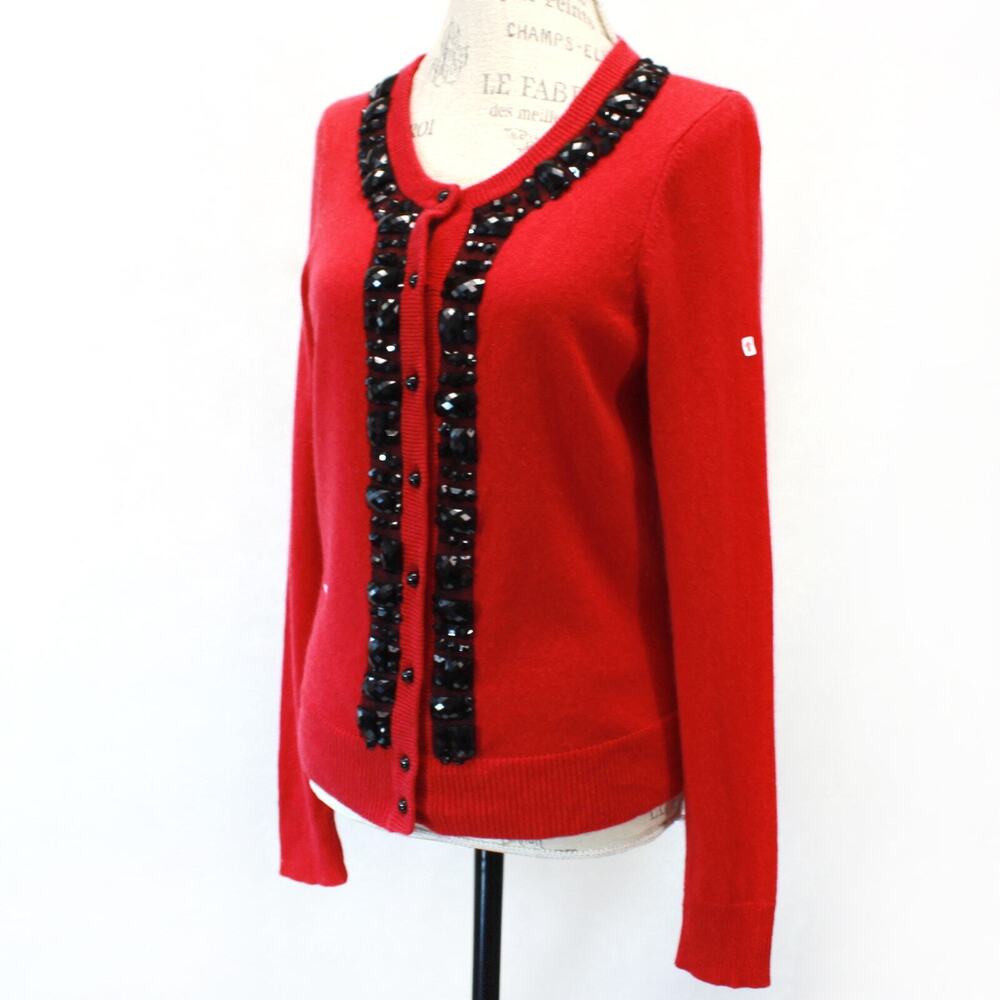 C by Bloomingdale's 100% Cashmere Red Beaded Crew Neck Sweater Cardigan Large